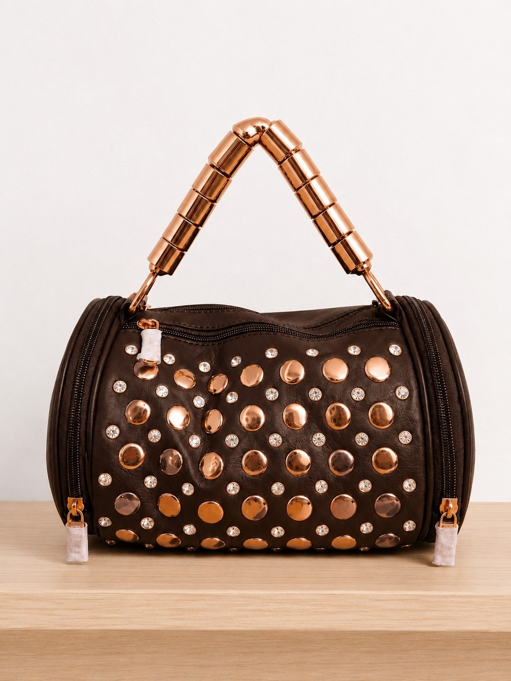 Studded Barrel Satchel Bag in Dark Brown with Rose Gold Accents